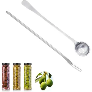 2 count Olive Spoon and Pickle Fork, 7.5 Inch Olive Spoons with Holes, 8.6 Inch Pickle Forks for the Jar, Stainless Steel Long Handle  Picker for Pickle,  Jars Serving Spoon and Fork Set