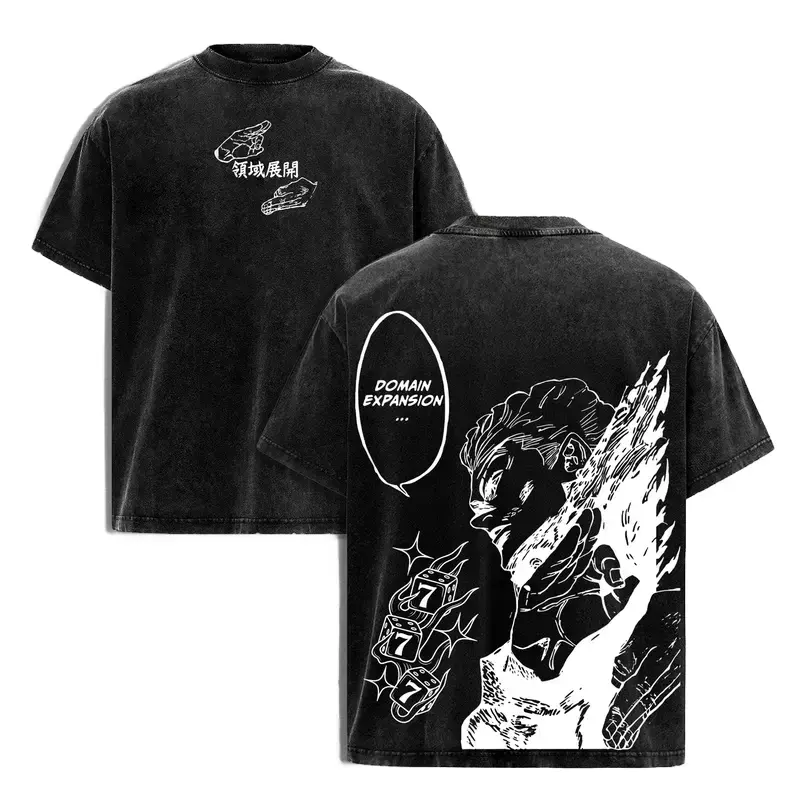 Hakari Kinji Jujutsu Kaisen Tee Washed - Vintage Washed Heavy Cotton Oversized Anime Manga T-Shirt & Hoodie, Double-Sided Printed Retro Unisex Streetwear Graphic Top, Private Pure Love Train Domain Expansion Edition, Culling Game Warrior
