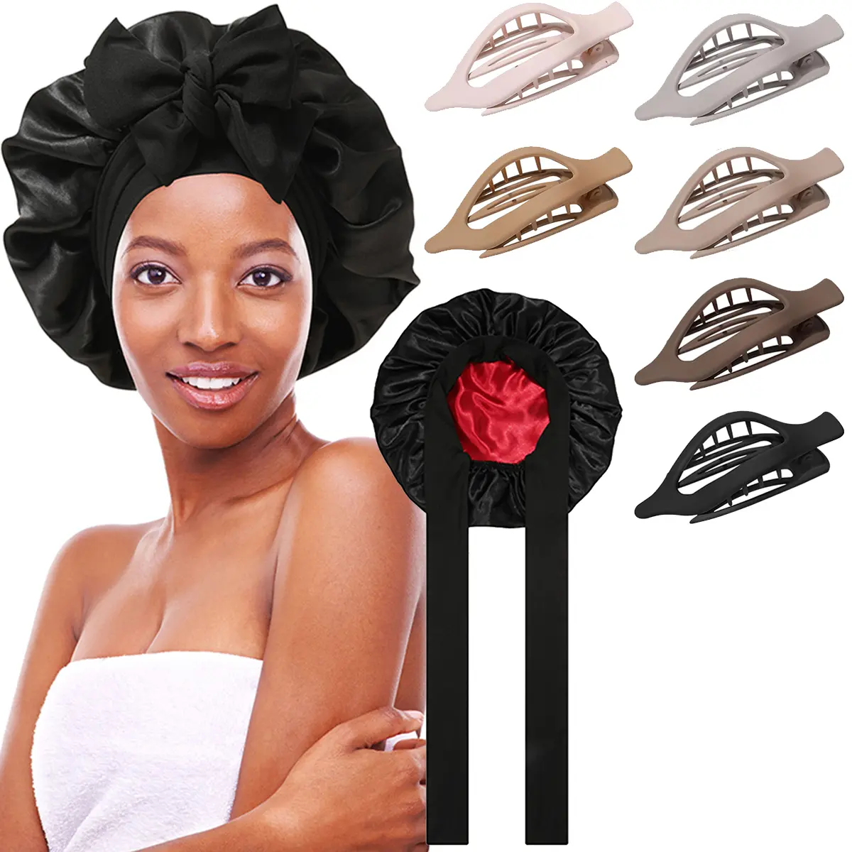 AWAYTR Hair Bonnet and Clips Set for Women, Reversible Double-Layer Polyester Satin Cap for Sleeping, Moisturizing Haircare & Frizz Control with 6 Flat Multi-Tooth Styling Clips
