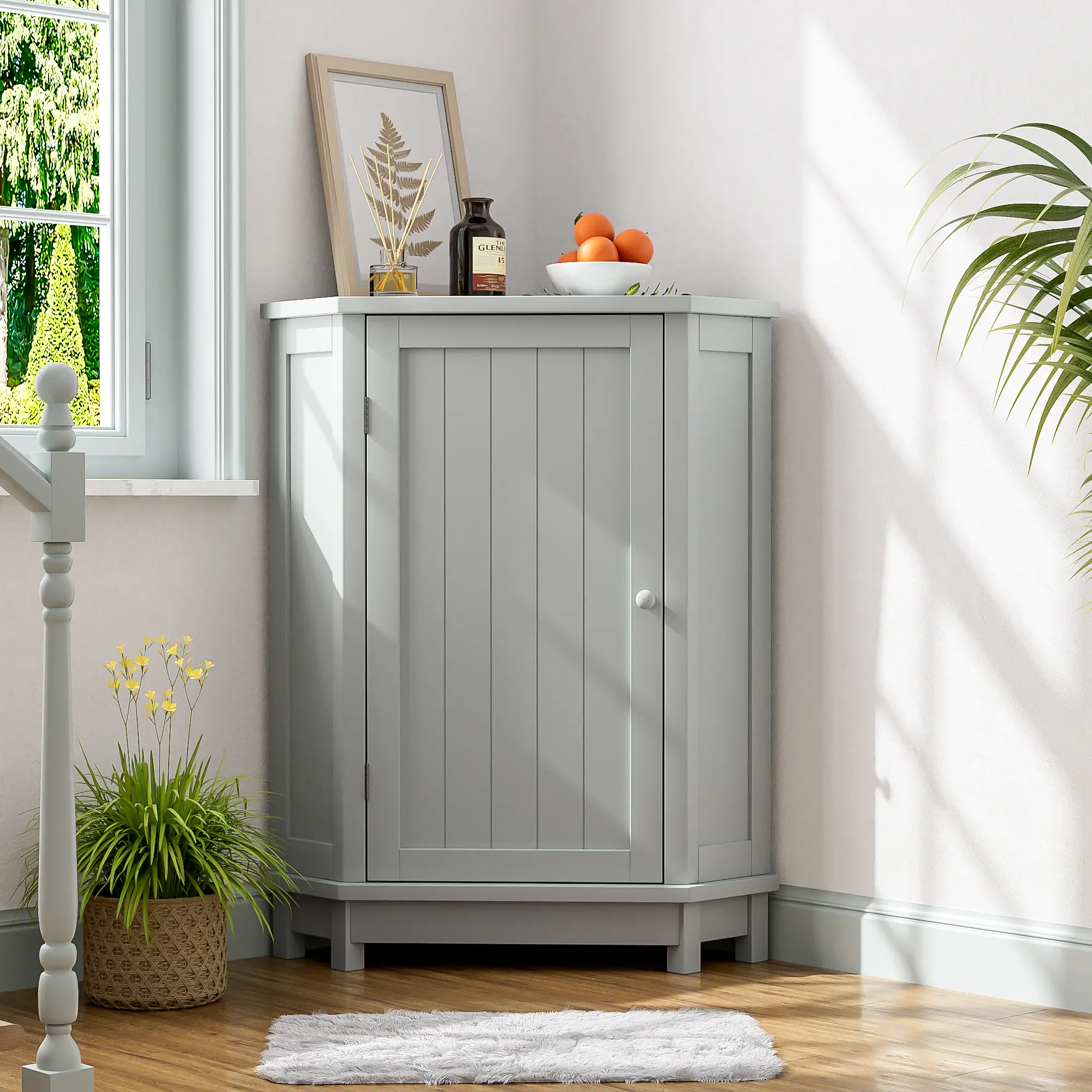 Triangular Modern Grey Corner Bathroom Cabinet - MDF Board Indoor Storage Unit with 3 Shelves, Adjustable Shelf, 70lbs Capacity, Waterproof, Moisture Resistant, Space-Saving, Elegant & Functional Design, Assembly Required for Bathroom, Dining Room