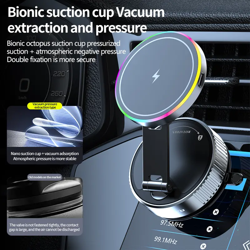 2.0 Foldable Magnetic Alloy PC POM Round Shape Car Phone Holder - 20 N52 Magnets, Vacuum Suction Cup, Heat-Resistant Nano-Adhesive Base, MagSafe Snapon, Secure In-Car Charge Mount, Automotive Interior Accessory