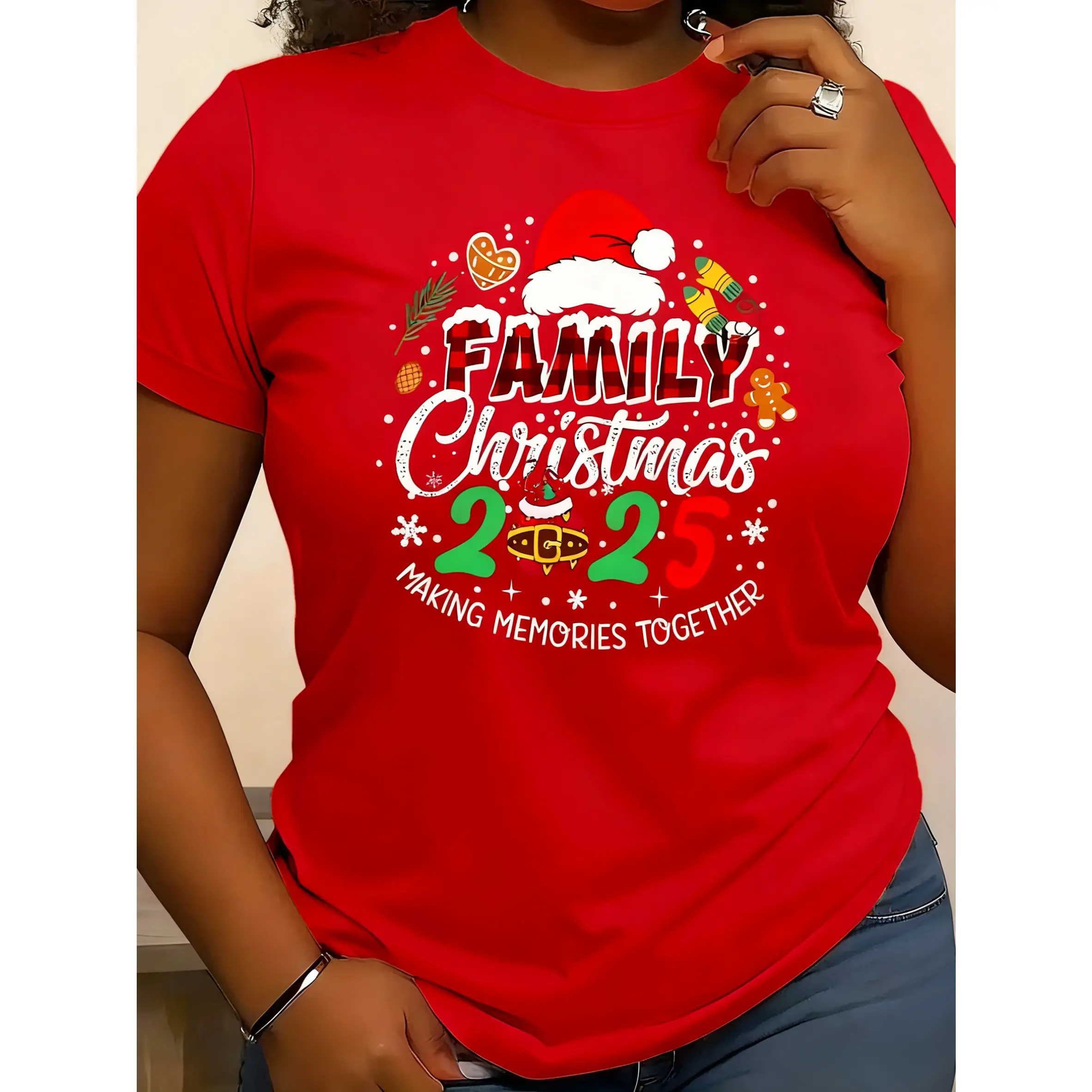 100% Cotton Christmas Spring Summer Printed Women's Casual Round Neck Short Sleeve T-Shirt, Available in Six Colors, Suitable for All Seasons
