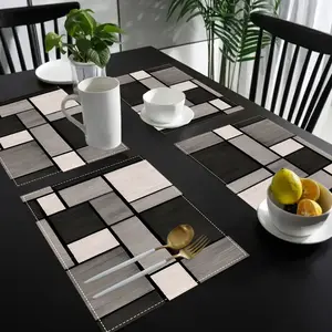 1/4/6pcs, Black And Grey Geometric Table Mats, 12X18 Inches Linen Rectangular Table Mats, Contemporary Geometric Plaid Design for Holiday Celebrations, Home Kitchen Dining Area Decor, Cafe Table Decoration Mat