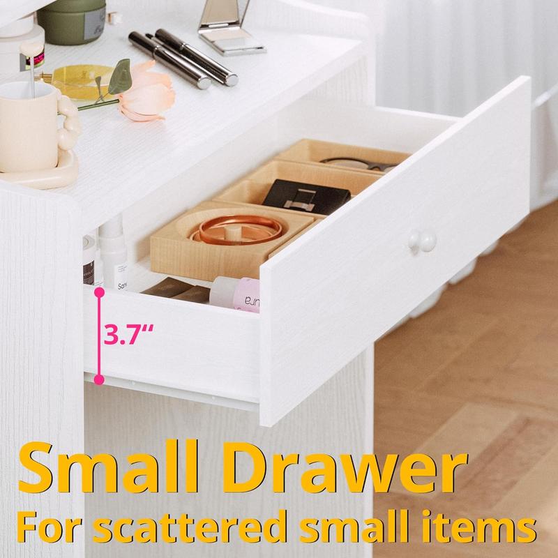 LIKIMIO Small Makeup Vanity Desk with Mirror and Lights, Vanity Table Set with Storage Drawer, Chair and Three Shelves, Bedroom