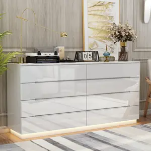 FUFU&GAGA 63" Modern LED Dresser with 8 Drawers & Glossy Surface - Glowing Storage Cabinet Organizer for Bedroom Furniture Organization Aesthetic Minimal