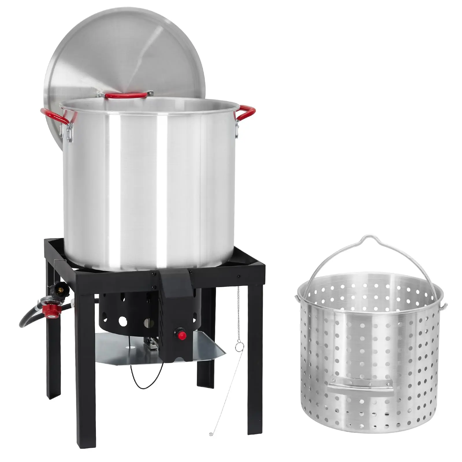 【GARVEE】100QT Seafood Boil Pot, Crawfish Pot Set with Strainer Basket, Crab, Lobster & Shrimp Stock Pot, 110,000 BTU Propane Burner Stove with 10 PSI Regulator & Lifting Hook for Outdoor Cooking, Silver