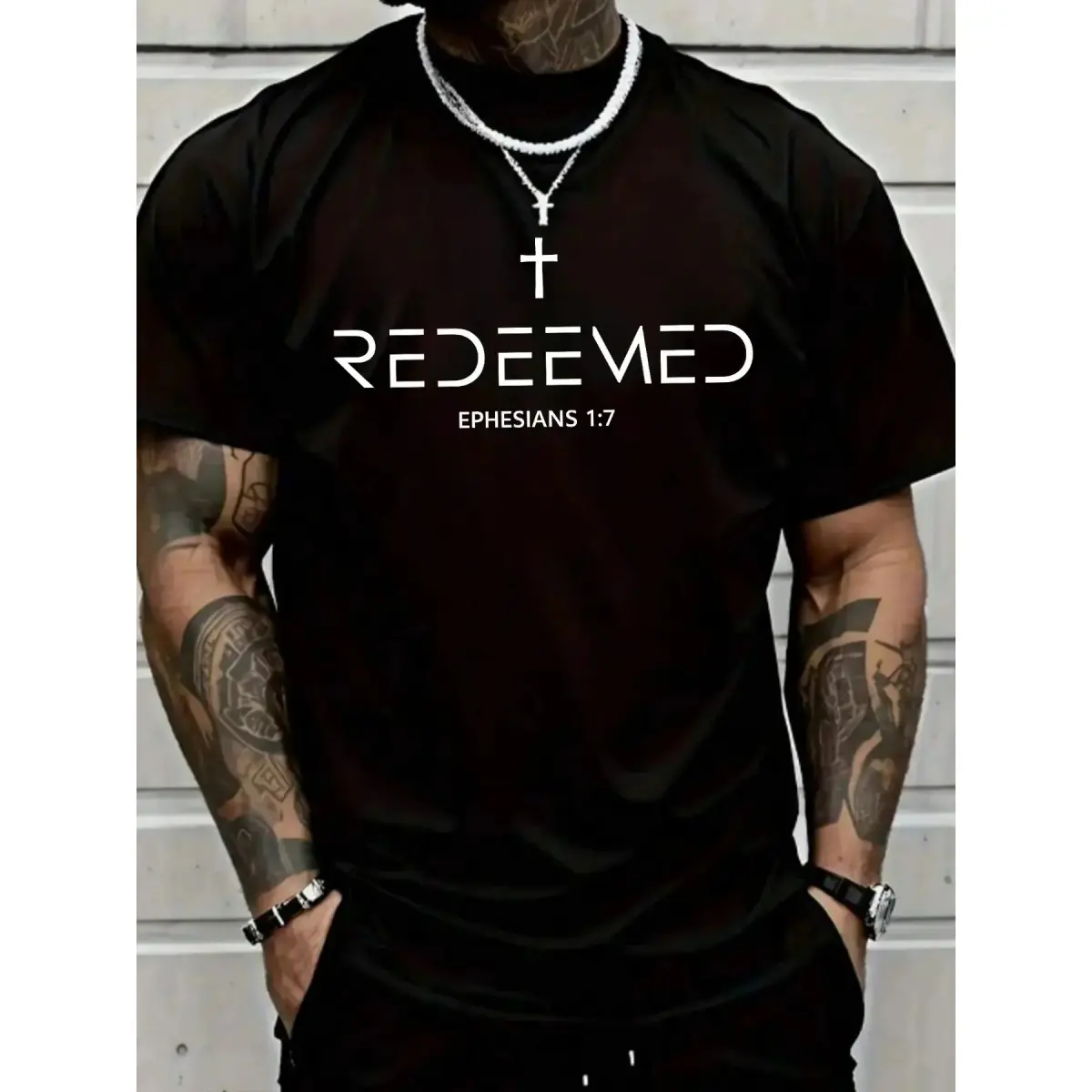 Men’s Black Christian T-Shirt, "REDEEMED" Cross & Ephesians 1:7 Scripture Graphic, Faith-Based Inspirational Tee, Soft Breathable Fabric for Church, Daily Wear & Spiritual Gifts, Ideal for Believers & Bible Study Groups