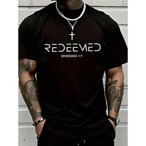 Men’s Black Christian T-Shirt, "REDEEMED" Cross & Ephesians 1:7 Scripture Graphic, Faith-Based Inspirational Tee, Soft Breathable Fabric for Church, Daily Wear & Spiritual Gifts, Ideal for Believers & Bible Study Groups