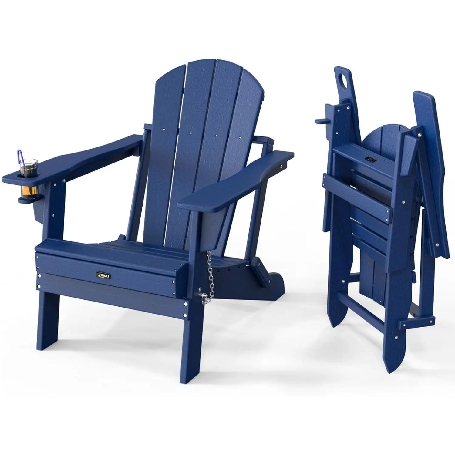 VINGLI Folding Plastic Adirondack Chair with Cup Holder, 304 Steel Hardware, Rain-Proof Waterproof HDPE Material, 380lb Weight Capacity, Cup-Holder Ease for Outdoor Pool Patio Lawn Firepit Furniture