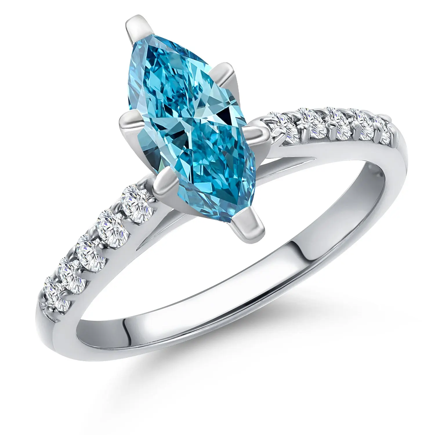 10K White Gold IGI Certified Engagement Ring | 1.20 Cttw | Center 1 Ct Marquise Cut | Fancy Vivid Blue Color | VS1-VS2 Clarity | Wedding Engagement Promise Ring For Women