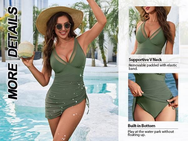 Women's One Piece Swimdress Full Coverage Tummy Control Slimming Bathing Suit Mesh Sheer Sarong Wraps Flattering Women Summer Swimsuit V Neck Swimsuit