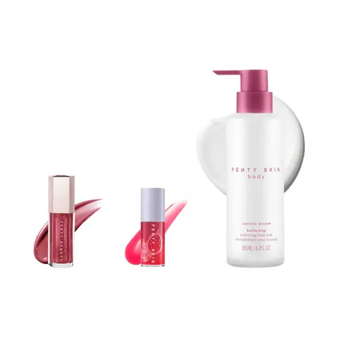 Fenty Beauty Lip + Body Bestsellers: Gloss Bomb Universal Lip Luminizer Lip Gloss, Fenty Treatz Hydrating + Strengthening Lip Oil and Butta Drop Hydrating Body Milk
