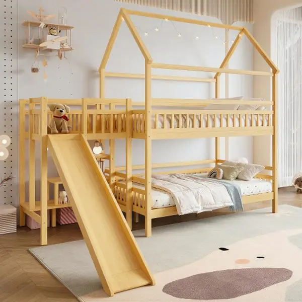 Bellemave House-shaped Bunk bed with Slide,Playhouse Bed with Storage Stairs,Two Placement Methods ,Noise-free Design