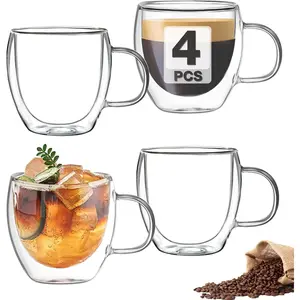 Double Wall Insulated Glasses Espresso Cups Set of 4 (50% Thicker), 5 oz Clear Coffee Cups with Handle, Espresso Shot Glasses, Suit for Espresso Machine, Latte, Cappuccino, Glass Coffee Mugs