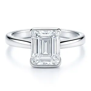 BERRICLE Sterling Silver Solitaire Wedding Engagement Rings for Women, 2.6 Carat Half Bezel Set Step Emerald Cut Cubic Zirconia CZ Ring