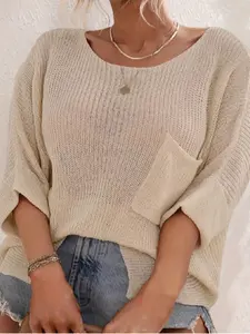 Plus Size Women's Solid Color Loose Knit Batwing Sleeve Pullover Sweater, Casual Fashion Chic Scoop Neck Oversized Soft Knit Top, Spring Fall Wear, Daily Clothing