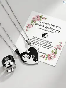 Cat Ring Necklace Set, 4 Piece Puzzle Design Couple Jewelry, Ideal Friendship Gift, Includes Blessing Card, Perfect for Birthdays