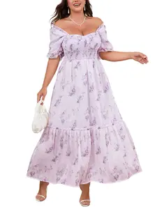 EYWOL Plus Size Curvy Cottagecore Maxi Dress - Floral Print Puff Sleeve Corset, Smocked Waist Flowy Feminine Dress, Body Positive Outfit for Formal Casual Party Vacation OOTD