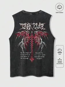 Trending Y2K Gothic Tank Top,Dark Power Red Wing Skeleton Graphic Acid Wash Sleeveless Shirt,100% Cotton Soft Breathable Punk Streetwear Vest,Grunge Alternative Aesthetic Muscle Tank for Men Women Casual Daily/Streetwear/Summer Outdoor, Unisex Design