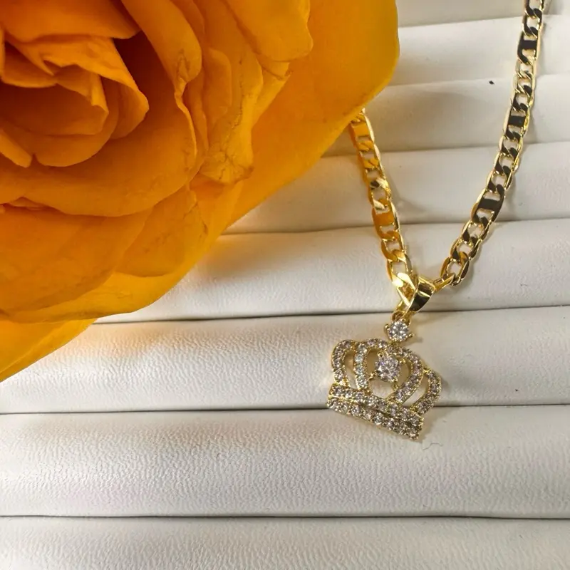 Gold Plated Crown Pendant Necklace with Cubic Zirconia for Women's Fashion Jewelry