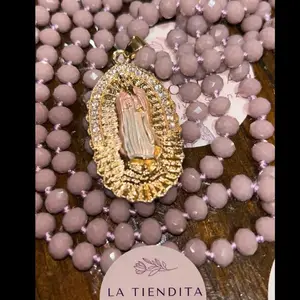 Virgencita de Guadalupe  Crystal Necklace - 58” long Medalla  Oro Laminado