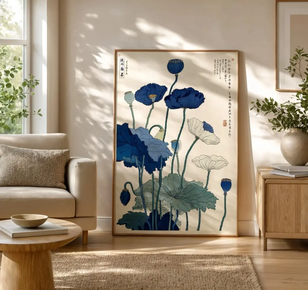 Vintage Lotus Flower Wall Art Japanese Woodblock Botanical Poster Decor
