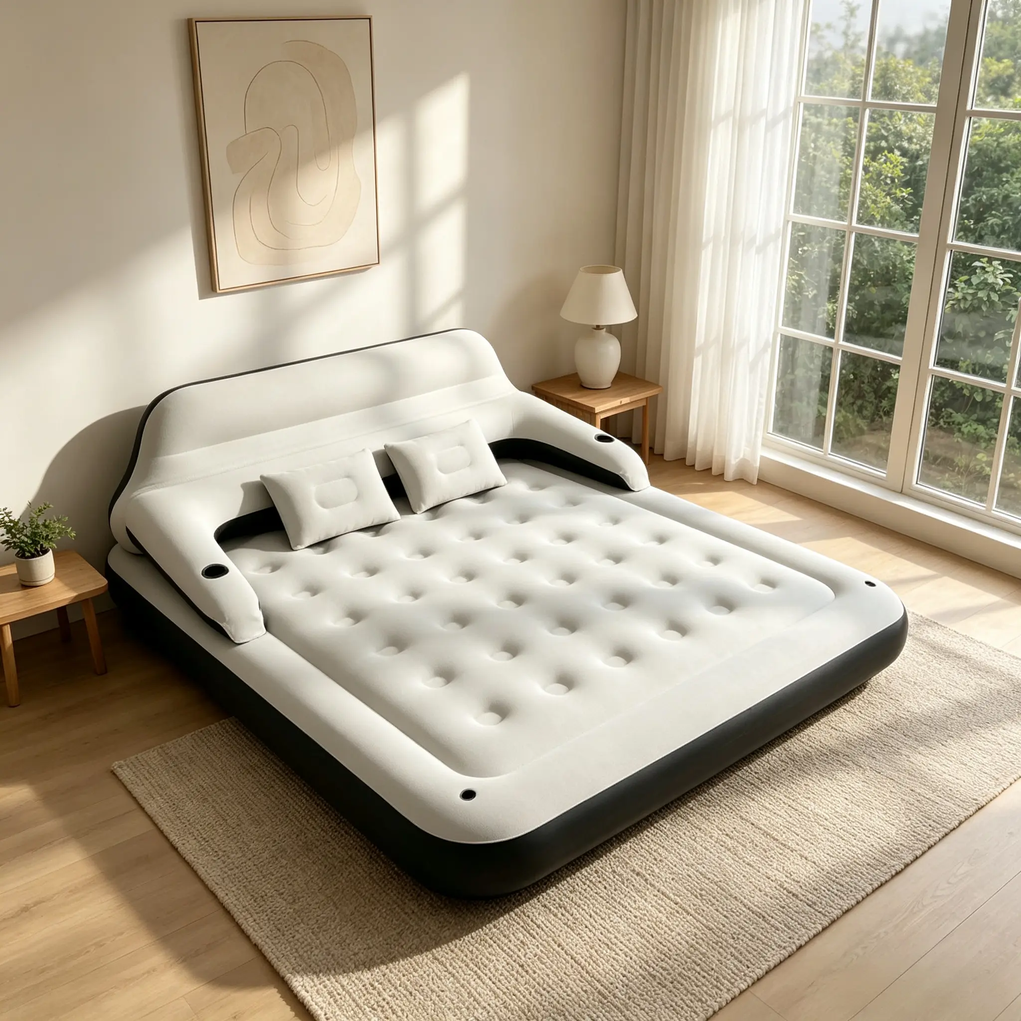 Flocked Cloth Inflatable Twin Lounge Sofa Airbed - Leakproof Seal Portable Air Mattress with Detachable Headrest, 550 lbs Weight Capacity for Camping, Indoor Rest, Guest Stays
