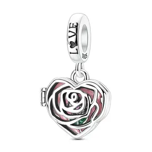 MULA 925 Sterling Silver Openable Rose Heart Pendant – Openwork filigree pendant bead adorned with pink enamel and the word "LOVE," a romantic Valentine's Day jewelry gift for your wife or girlfriend.