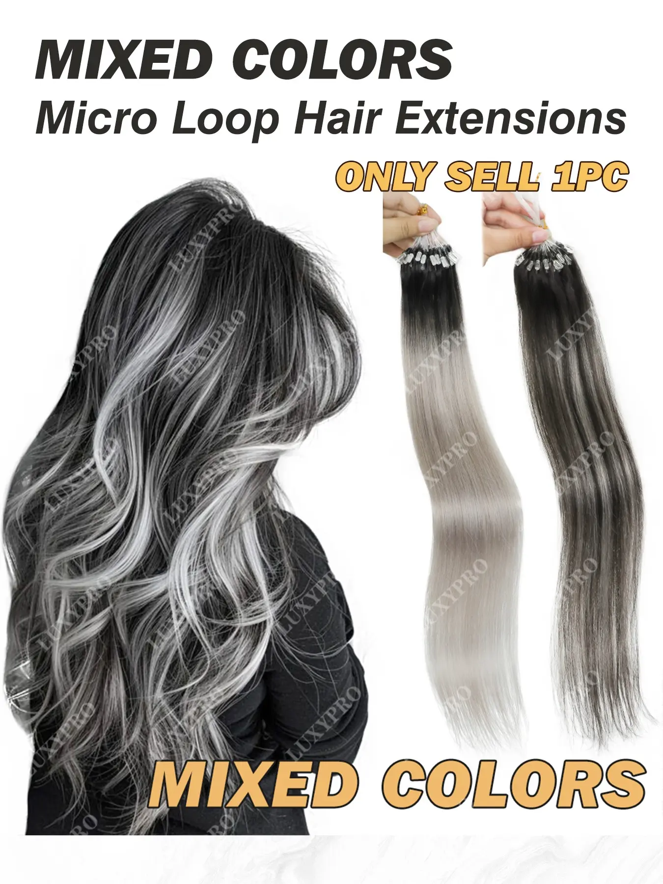 Micro Loop Human Hair Extensions in Grey Gradient - Natural Appearance, Soft Feel, Easy Installation, Long-Lasting Comfort, Human Hair Pieces, Smooth Hairpiece, Reliable Attachment, Micro Ring Microlinks