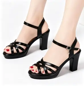 Women's Black Block Heel Platform Sandals, Footwear with Open Toe Ankle Strap, Comfortable Dress Shoe for All-Day Wear