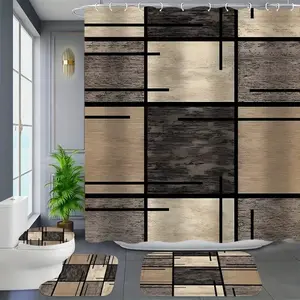 1/4pcs simple geometric pattern design shower curtain set, non-slip floor mat, U-shaped carpet, toilet cover, perfect for bathroom decoration accessories, partition, beautify the space, free 12 shower curtain hooks