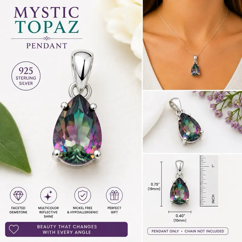 Unisex Classic 925 Sterling Silver Mystic Topaz Teardrop Gemstone Pendant, Gift-Ready Semiprecious Stone Jewelry Accessory