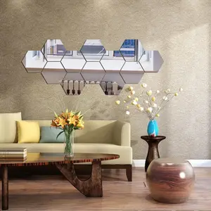 12 Pieces Set Silver Color Acrylic Mirror Wall Stickers, Hexagonal Self-Adhesive Geometric Art Decor, for Bedroom Living Room Office Kitchen, Reflective