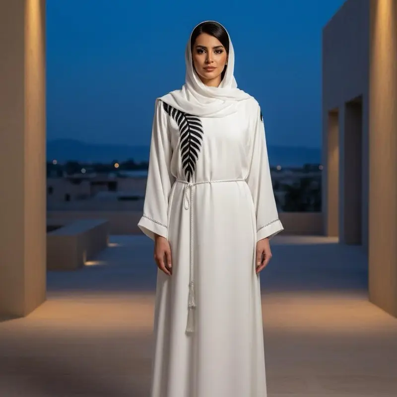 Dubai Umbrella Style Abaya - White with Black Feather Detail and Elegant Belted Waist