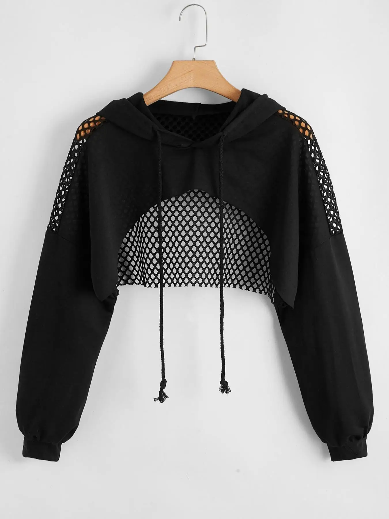 Plus Size Hollow Out Drawstring Raglan Sleeve Super Crop Hoodie, Casual High Low Long Sleeve Hooded Sweatshirt for Spring & Fall, Women's Plus Clothin