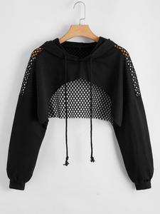 【faith devine collection】 【plus size】 hollow out drawstring raglan sleeve super crop hoodie, loose fit casual style high low long sleeve hooded sweatshirt for spring & fall, clothes, women's plus clothing for daily, everyday womenswear