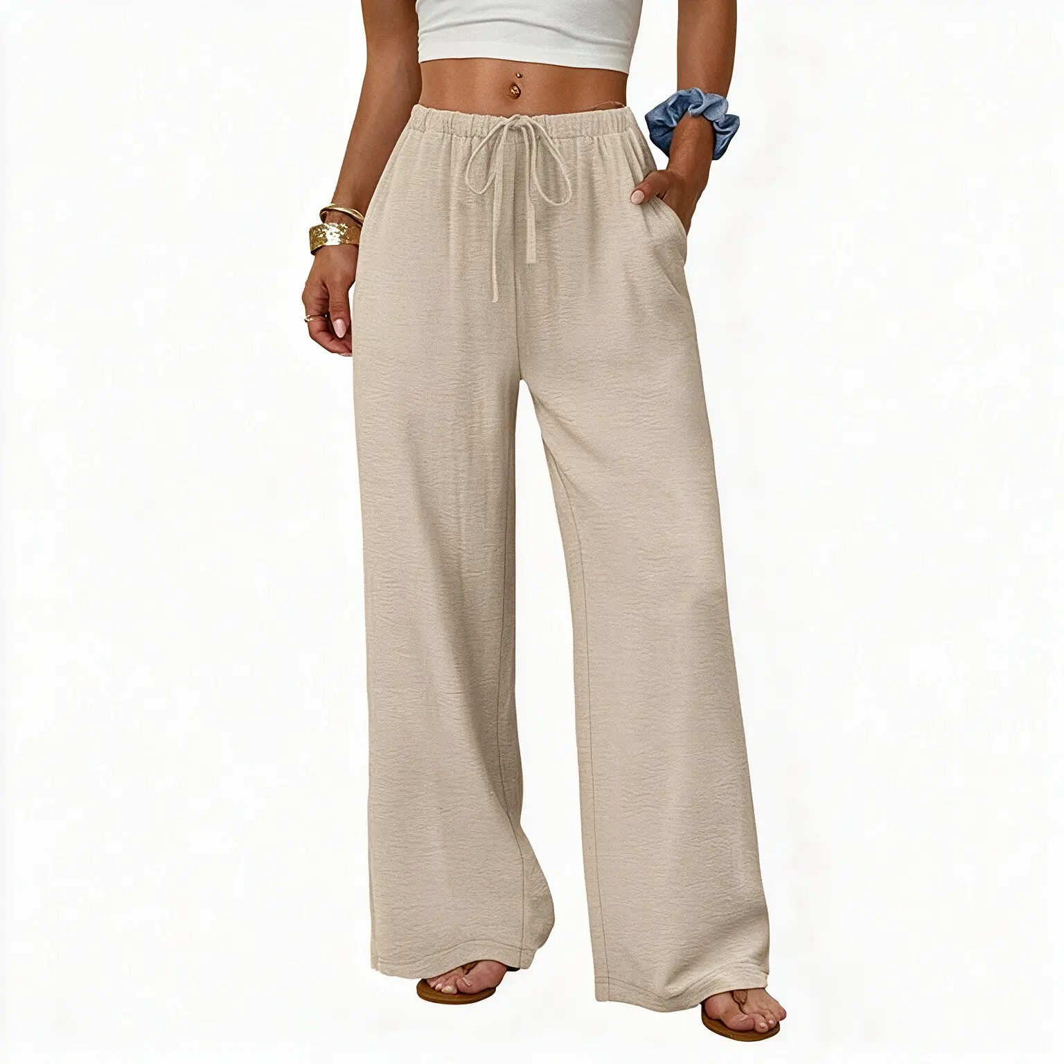 Wide Leg Pants Women Casual Palazzo Drawstring Elastic Waist Trousers with Pockets Summer Beach Vacation Clothes