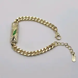 San Jude Bracelet Cuban link style Laminated-Gold Green & Gold Color 7.5 Inches 6mm chain 9mm plate wide Adjustable Size for Small Adults 6.5 to 7.5 inches Comfortable Everyday Wear Versatile Design