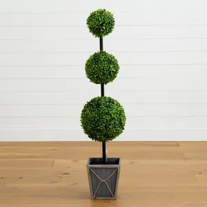 45" UV Resistant Artificial Triple Ball Boxwood Topiary with LED Lights in Decorative Planter (Indoor/Outdoor)