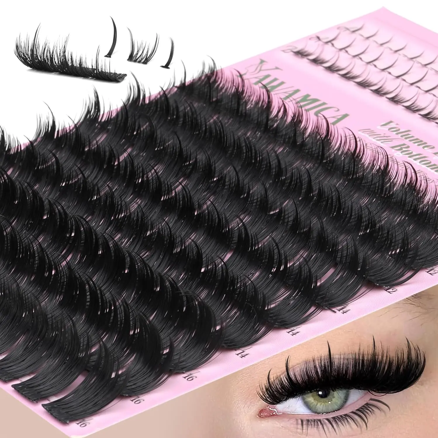 Yawamica Volume Lash Clusters with Bottom Lashes Wispy Eyelash Clusters Built in Spikes 10-16mm Fluffy Cluster Lashes D Curl Individual Lashes with 5-7mm Bottom Lash Extension DIY Spiky Salon Lash