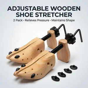 Genuine Wood Shoe Stretcher for Men, 2-Way Adjustable Boot Expander with Bunion Plugs for Comfort, Sneakerhead Thrift Hack, US 9-13 Sizing