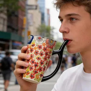 2-in-1 Ceramic Coffee Mug with Straw Handle, 20oz Hand-Painted Floral Pattern Reusable Drinking Cup for Hot & Cold Drinks Ideal for Daily Use & Outdoor Drinkware Tumbler