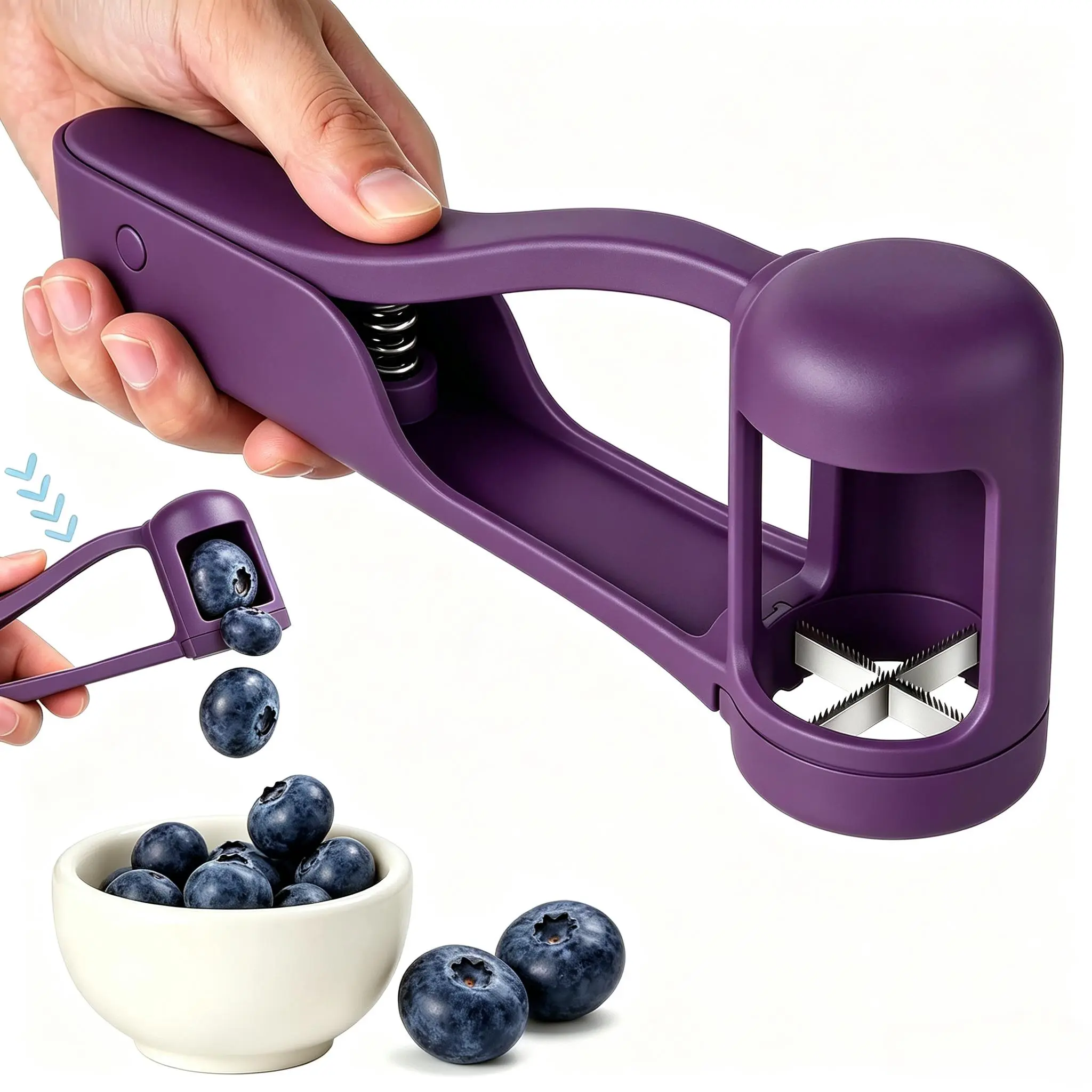1-Hand Press Grape Slicer Kitchen Utensil - BPA-Free ABS Multi-Fruit Cutter with 304 Stainless Steel Cross Serrations, Curved Grip Anti-Choking Kid-Safe Divider for Toddler Snacks & School Lunch Prep Kitchen Tool