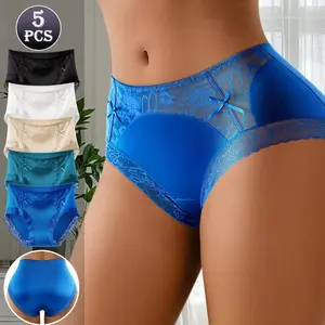 QUASTI 5 Pack Women's Mid-Rise Lace Panties, Lightweight Smooth Skin-friendly Bow Detail, No-Show Fashion Soft Briefs, Elastic Breathable Daily Underwear S-XXL