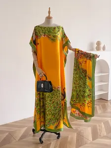 Women's Imitation Silk Peacock Print Kimono Robe Set, Hooded Shawl & Scarf Included, Beach Cover-Up, Sun Protection, Daily Wear, Swimwear Cover Up