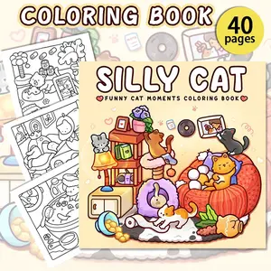 1PC Silly Cat Happy Moments Coloring Book, playful and cute style, funny interaction patterns with cats and pumpkin piles, relaxing and stress-relieving, perfect for staying at home, cat lovers, creative cute pet coloring book, adult coloring book