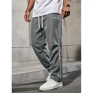 Men’s summer anti-wrinkle, no-pilling athletic pants with side double white stripes and small embroidery; loose straight-leg long pants for home and outdoor wear.