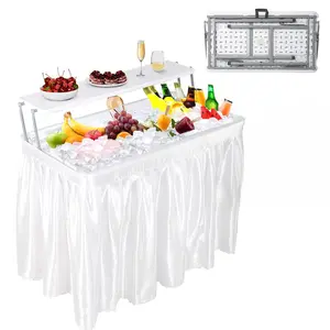 Folding Ice Cooler Table, Two-Tier Ice Bin Table with Removable Skirt, Garden Catering Foldable Tables with Extra Storage Shelf & Drain Hose, Chilling Table Cooler Server for Party, Picnic, Camping, Wedding, BBQ