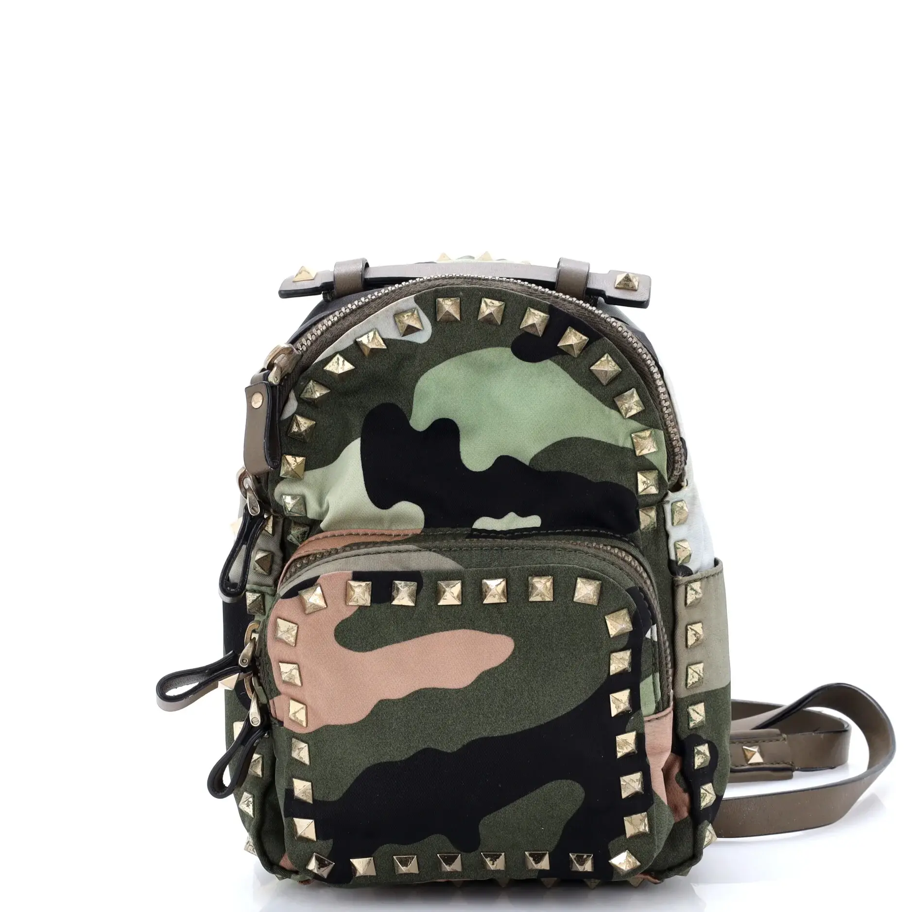Pre-owned Valentino Leather, Nylon Backpacks Garavani Rockstud Backpack Camo Leather and Canvas Mini by Rebag