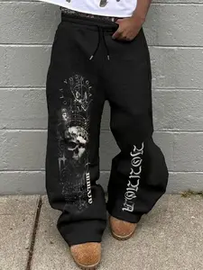 Men's Regular Fit Letter Print Contrast Trim Sweatpants, Casual Slant Pocket, Casual Streetwear Jogger Pants for Daily Wear, Mens Bottoms for All Seasons